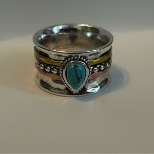 Silver and Turquoise Ring with Gold and Copper Accents